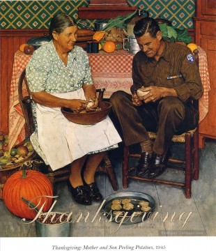 Norman Rockwell Painting - thanksgiving mother and son peeling potatoes 1945 Norman Rockwell